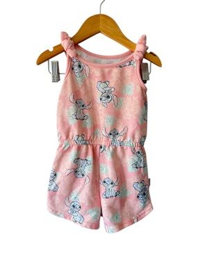 Disney Pink Stitch Print Knot-Shoulder Romper 3T